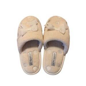 Laura Ashley Women Cream Polka Dot Bow Slide Slippers‎ Small 5-6 NEW